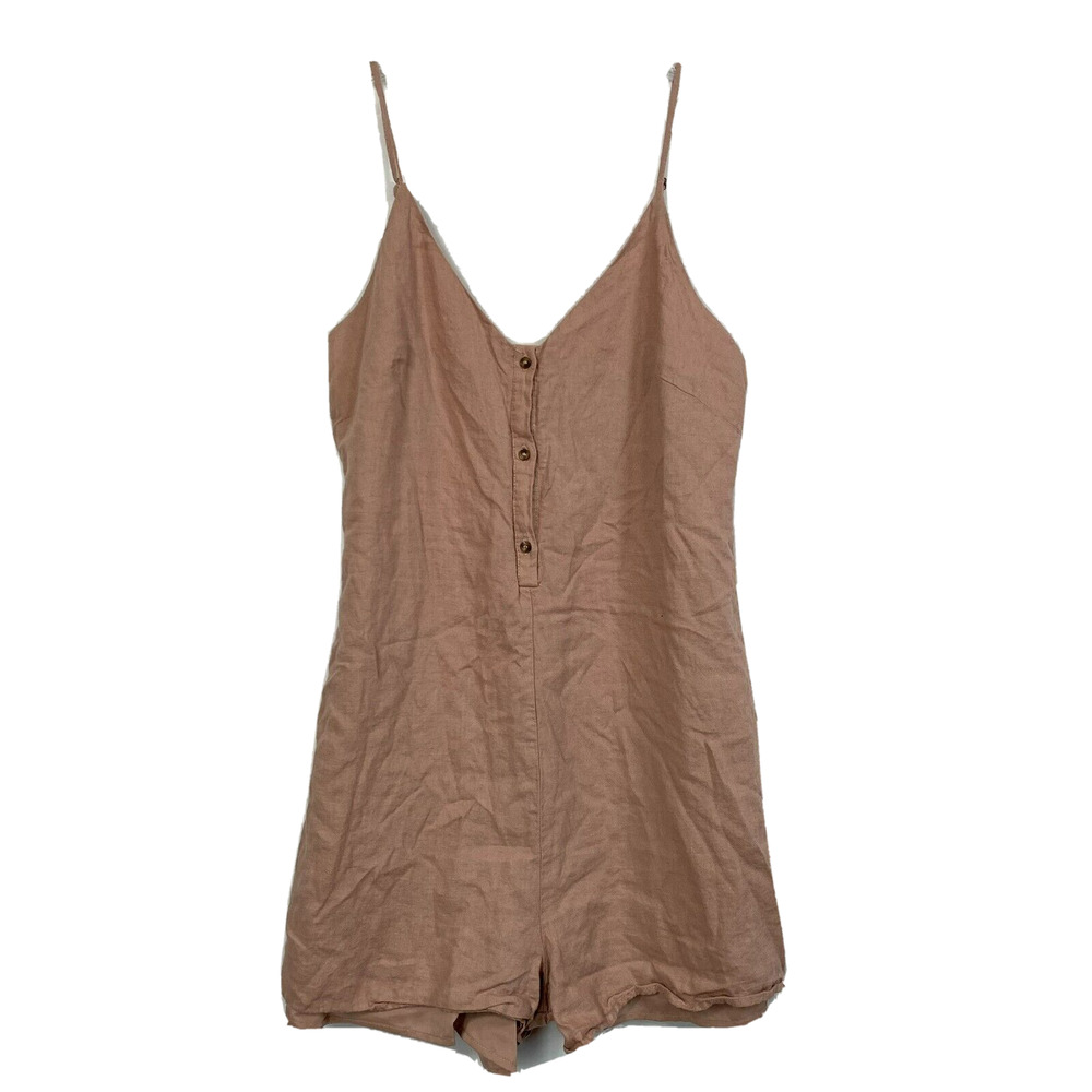 Gentle Fawn Romperโ Womens Sz S Beige Linen Shorts Sleeveless Buttons V Neck